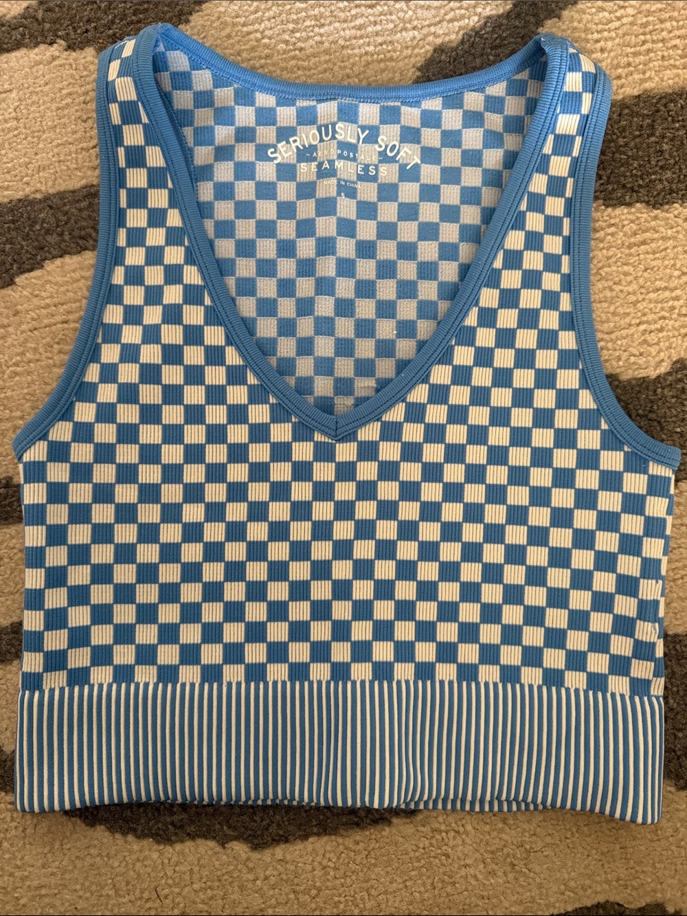 Aeropostale Blue & White Checker V-Neck Crop Tank
